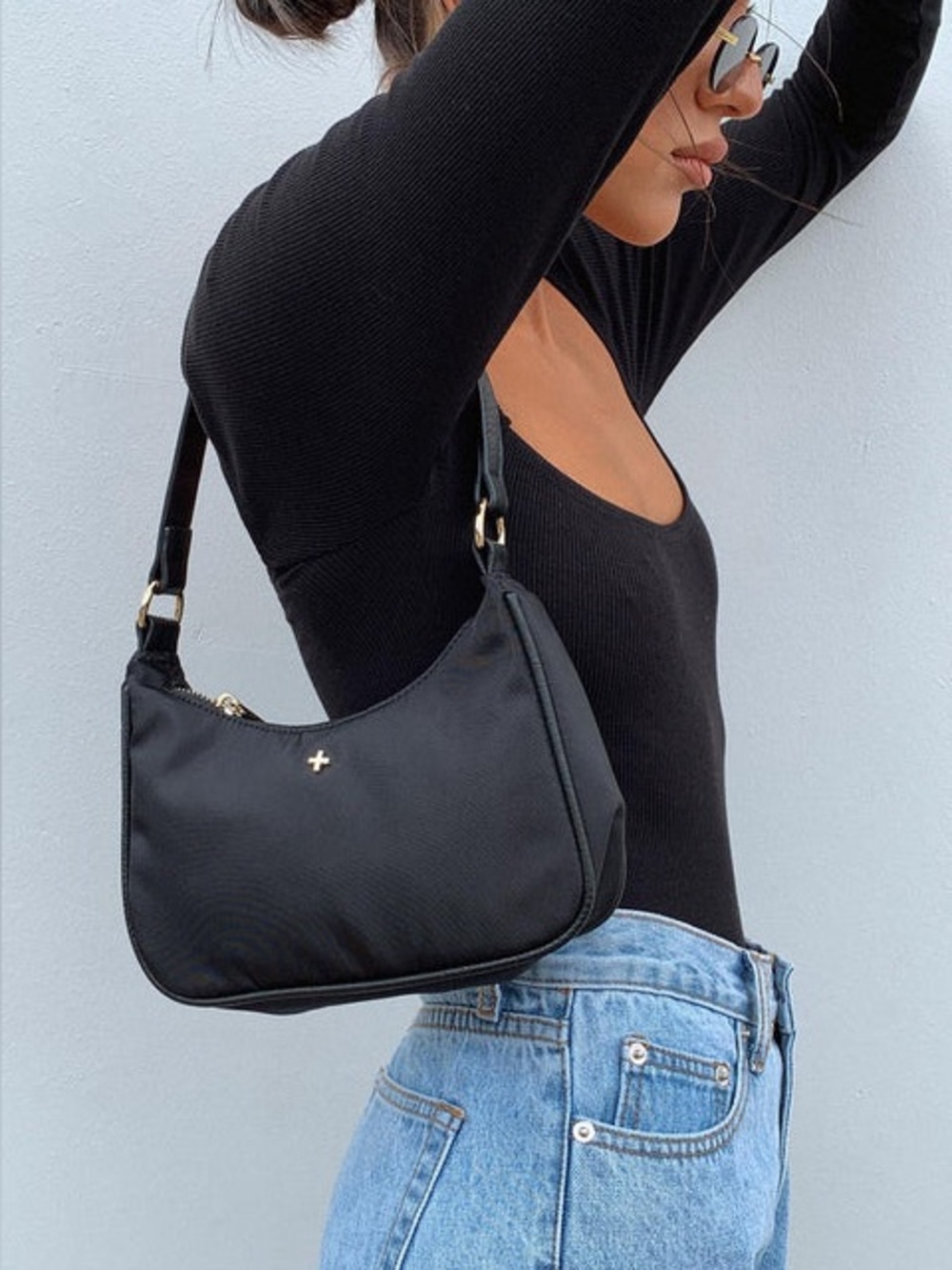Black Nylon Shoulder Bag with gold hardware